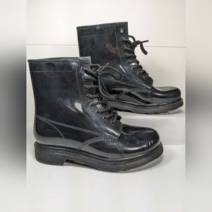 Shiny black rubber lace up short combat boot only worn once